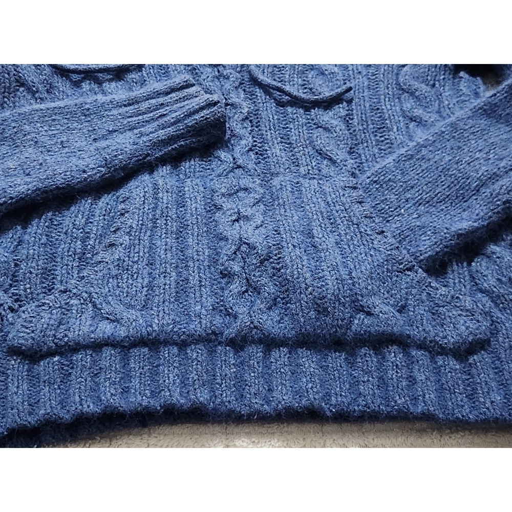 Lilu Angora Wool Blend Blue Hooded Sweater M‎ Chunky Cable Knit Crop - Picture 3 of 7